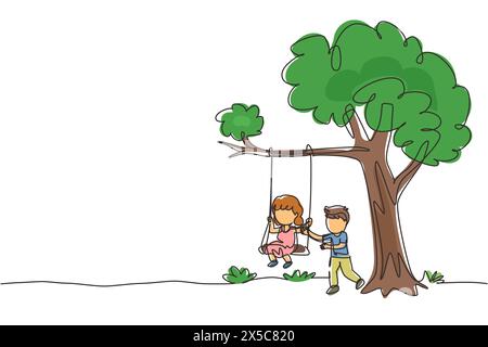 Continue d'une ligne dessinant des garçons et des filles heureux jouant sur la balançoire de l'arbre. Des enfants joyeux qui se balancent sous un arbre. Enfants mignons jouant dans l'aire de jeux. S Illustration de Vecteur