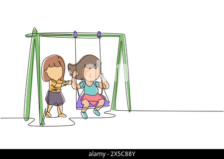 Une seule ligne continue dessinant la petite fille se balançant sur la balançoire et son amie a aidé à pousser par derrière. Enfants jouant balançoire ensemble dans le parc public playgr Illustration de Vecteur