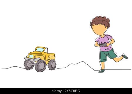 Garçon de dessin simple d'une ligne jouant avec un jouet monstre télécommandé camion. Enfants jouant avec camion jouet électronique avec télécommande dans les mains. CON Illustration de Vecteur