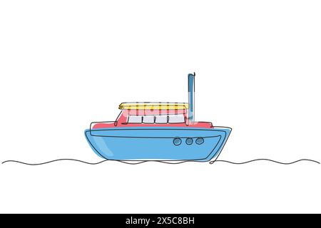 Jouet bateau mignon dessinant une ligne continue. Transport de dessins animés pour les cartes d'enfants, douche de bébé, invitation d'anniversaire, intérieur de maison. Jouets pour l'enfance. Péché Illustration de Vecteur