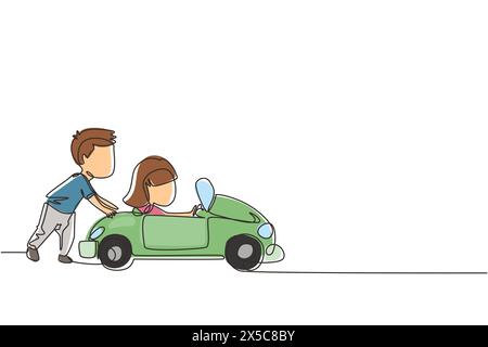 Une ligne continue dessinant un garçon pousse la voiture de son ami dans la route. Garçon et fille jouent avec la grande voiture jouet ensemble. Les enfants s'amusent avec à backya Illustration de Vecteur