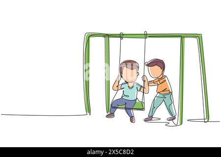 Ligne continue unique dessinant mignon petit garçon se balançant sur la balançoire et son ami a aidé à pousser par derrière. Heureux amis d'enfants d'âge préscolaire jouant ensemble Illustration de Vecteur