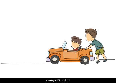 Une ligne continue dessinant un garçon pousse la voiture de son ami dans la route. Les enfants jouent avec une grande voiture jouet ensemble. Frère et sœur qui s'amusent avec à l'arrière-cour. S Illustration de Vecteur