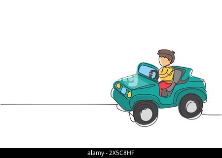 Simple une ligne dessin garçon conduisant voiture, enfant mignon heureux. Mignon petit garçon souriant heureux conduire voiture jouet. Voyage des enfants en petite voiture. Continue moderne Illustration de Vecteur