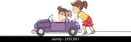 Une seule ligne continue dessinant une fille pousse la voiture de son ami dans la route. Les enfants jouent avec une grande voiture jouet ensemble. Frère et sœur qui s'amusent avec chez Backyar Illustration de Vecteur