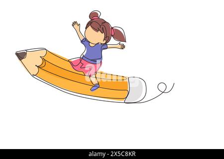 Simple dessin d'une ligne fille heureuse assise sur le crayon volant, préparez-vous pour étudier. Enfants chevauchant sur la papeterie. Retour à l'école ou pensée créative co Illustration de Vecteur