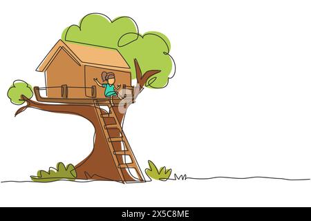 Simple ligne continue dessinant enfant heureux sur la maison d'arbre, petite fille jouant sur l'aire de jeux d'enfants, cabane dans les arbres avec échelle en bois, place pour gamer d'enfants Illustration de Vecteur