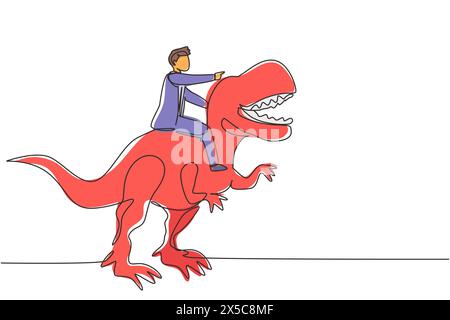 Ligne continue unique dessinant brave homme d'affaires chevauchant un énorme dangereux tyrannosaurus. Le personnage masculin entrepreneur professionnel combat avec le prédateur. Activé Illustration de Vecteur