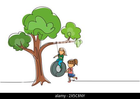 Simple dessin d'une ligne heureux deux filles jouant swing de pneu sous l'arbre. Enfants mignons se balançant sur un pneu suspendu à l'arbre. Enfants jouant dans le jardin. Conti Illustration de Vecteur