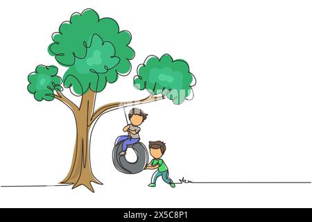 Simple ligne continue dessinant heureux deux garçons jouant au swing de pneu sous l'arbre. Enfants mignons se balançant sur un pneu suspendu à l'arbre. Enfants jouant dans le jardin. Illustration de Vecteur