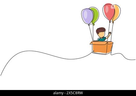 Simple une ligne dessin garçon mignon assis dans une boîte en carton avec des ballons. Petit pilote de montgolfière. Personnage d'enfant créatif jouant au ballo à air chaud Illustration de Vecteur