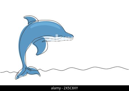 Une seule ligne dessinant de mignons dauphins. Mignons dauphins bleus, saut de dauphin et exécution de tours avec balle pour spectacle de divertissement. Moderne continu l Illustration de Vecteur