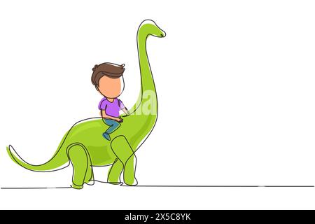 Continu d'une ligne dessinant garçon cavalier chevauchant t-rex tyrannosaurus. Jeune enfant assis sur le dos d'un dinosaure. Les enfants de l'âge de pierre. Vie humaine ancienne. Péché Illustration de Vecteur