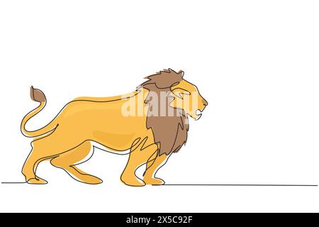 Ligne continue unique dessinant un lion fort debout corps entier, roi de la jungle. Mascotte de mammifère félin forte. Logo animal de gros chat dangereux. Dynamique Illustration de Vecteur