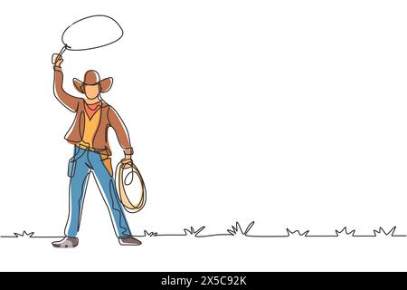 Une seule ligne continue dessinant un cow-boy occidental debout et lasso et des éléments de l'ouest sauvage. Homme avec chapeau de cow-boy et lasso au désert. Dynamic One Illustration de Vecteur