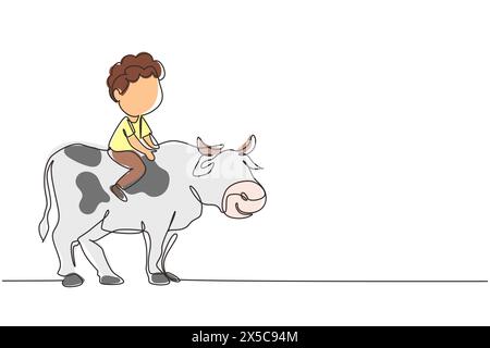 Une ligne continue dessinant une vache montante de petit garçon heureux. Enfant joyeux assis sur la vache arrière avec selle dans le terrain du ranch. Les enfants apprennent à monter la vache. Si Illustration de Vecteur