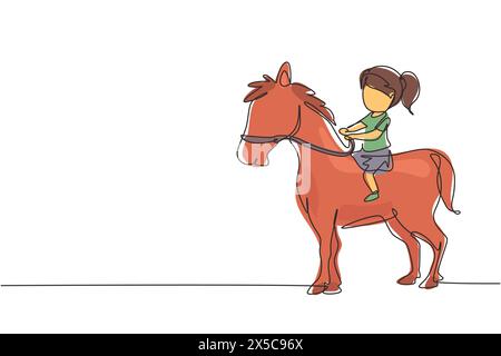 Ligne continue unique dessinant une fille mignonne heureuse chevauchant un cheval mignon. Enfant assis sur le cheval arrière avec selle dans le parc ranch. Les enfants apprennent à monter à cheval. Illustration de Vecteur