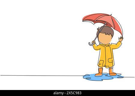 Ligne de dessin continu petit garçon jouer porter imperméable et parapluie. Enfant jouant sous la pluie. Enfant en imperméable et bottes en caoutchouc joue sous la pluie, flaque d'eau Illustration de Vecteur