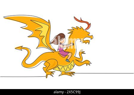 Simple une ligne dessinant la petite fille heureuse volant avec dragon fantastique. Enfant voler et assis sur le dragon arrière au ciel. Conte de fées imaginaire pour enfants. Conti Illustration de Vecteur