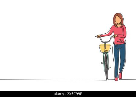 Simple une ligne dessinant la jeune femme marchant avec des vélos. Femme heureuse prendre la marche avec vélo à la route de la ville. Mode de vie sain des citadins. Contin Illustration de Vecteur