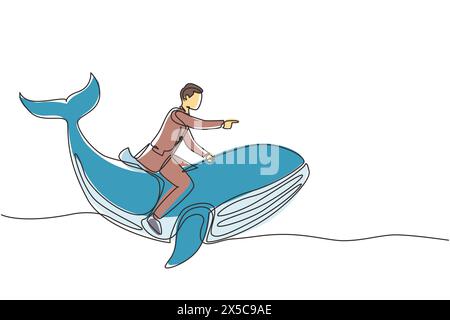 Simple une ligne dessinant brave homme d'affaires chevauchant énorme dangereuse baleine bleue. Personnage masculin entrepreneur professionnel. Homme d'affaires prospère. Continue Illustration de Vecteur