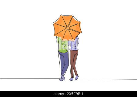 Simple dessin d'une ligne vue arrière jeune couple homme femme, fille mignonne et garçon marchant tenant parapluie sous la pluie. Couple romantique à la pluie d'automne Weath Illustration de Vecteur