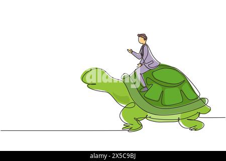 Continue d'une ligne dessinant homme d'affaires chevauchant énorme tortue. Mouvement lent vers le succès, manager conduisant une tortue géante. Concept de concurrence commerciale. Si Illustration de Vecteur