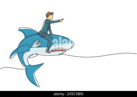 Continu une ligne dessinant brave homme d'affaires chevauchant un énorme requin dangereux. Le personnage masculin entrepreneur professionnel combat avec le prédateur. Bu réussi Illustration de Vecteur