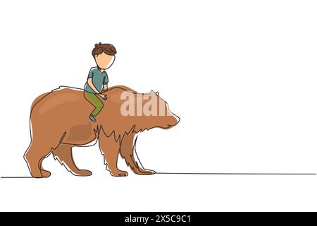 Simple une ligne dessinant Happy Little Boy chevauchant un ours grizzly brun. Enfant assis sur le dos grand ours à l'événement de cirque. Enfants apprenant à monter animal bête Illustration de Vecteur