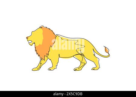 Ligne continue unique dessinant un lion fort debout corps entier, roi de la jungle. Mascotte de mammifère félin forte. Logo animal de gros chat dangereux. Dynamique Illustration de Vecteur