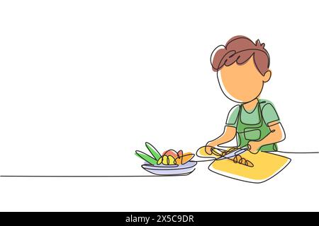 Simple une ligne dessinant la petite fille coupe la carotte et d'autres légumes frais. L'enfant souriant aime cuisiner à la maison pour aider sa mère. Continu Illustration de Vecteur