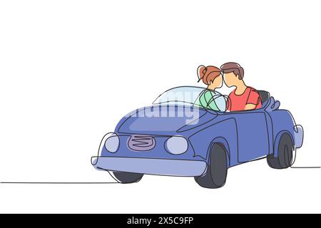 Continu une ligne dessinant couple romantique voiture d'équitation allant sur la route voyage. Homme et femme joyeux conduisant dans une voiture cabriolet. Couple vacances d'été tra Illustration de Vecteur