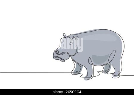 Ligne continue unique dessinant grand hippopotame mignon pour l'identité du logo de l'entreprise. Concept de mascotte d'animal hippopotame sauvage énorme pour le zoo safari national. Dynamique Illustration de Vecteur