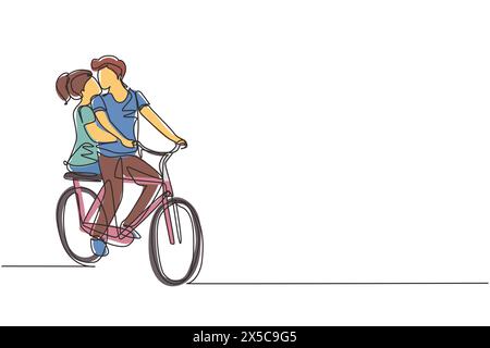 Une ligne continue dessinant un jeune couple aimant cycliste. Relations humaines romantiques, histoire d'amour, famille nouvellement mariée dans l'aventure de voyage de lune de miel, passi Illustration de Vecteur