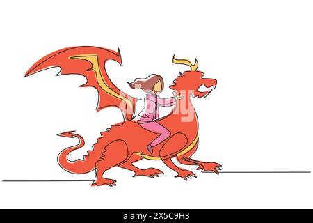 Simple une ligne dessinant femme d'affaires chevauchant dragon. Vaincre l'adversité, le courage, la victoire, le leadership dans les affaires. Entrepreneur professionnel. Contin Illustration de Vecteur