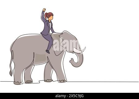 Continue d'une ligne dessinant femme d'affaires chevauchant éléphant symbole de succès. Concept de métaphore d'affaires, en regardant l'objectif, la réalisation, le leadership. Chantez Illustration de Vecteur