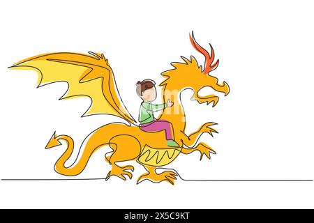 Continu d'une ligne dessinant heureux petit garçon volant avec dragon fantastique. Enfant voler et assis sur le dragon arrière au ciel. Conte de fées imaginaire pour enfants. Si Illustration de Vecteur