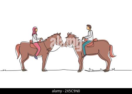 Simple une ligne dessinant couple arabe romantique dans l'amour équitation cheval. Jeune homme et femme se rencontrent pour sortir avec cheval de cheval. Engagement et relation amoureuse. Illustration de Vecteur