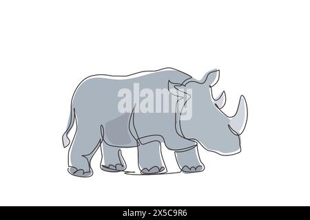 Une seule ligne continue dessinant de forts rhinocéros pour l'identité du logo du parc national de conservation. Mascotte d'animaux de rhinocéros africains pour safari zoologique national. Activé Illustration de Vecteur