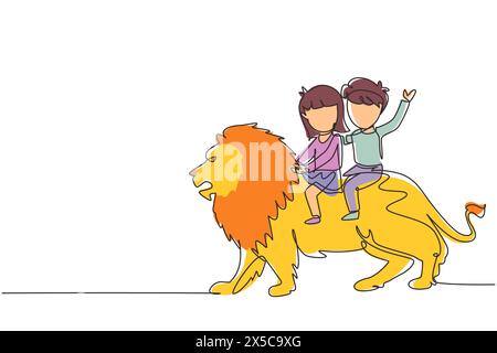 Une ligne continue dessinant petit garçon et fille chevauchant le lion ensemble. Enfants assis sur le dos grand lion à l'événement de cirque. Les enfants apprennent à monter la bête A. Illustration de Vecteur