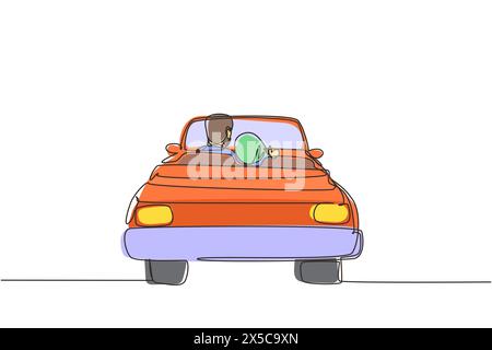 Une ligne continue dessinant vue arrière aimant couple arabe assis et serrant dans la voiture cabriolet. Homme femme se préparant pour le mariage. Engagement Illustration de Vecteur
