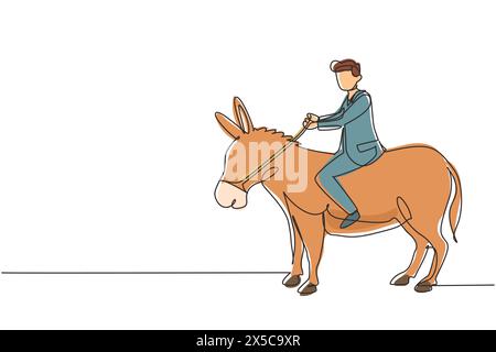 Simple une ligne dessinant homme d'affaires chevauchant un âne. Homme d'affaires monte l'âne. Âne de conduite. Concept de réalisation d'objectifs. Concurrence commerciale. Contin Illustration de Vecteur