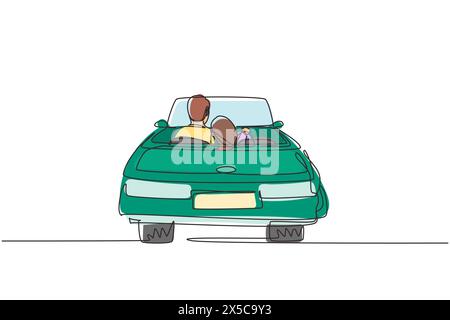 Vue arrière d'une ligne en continu d'un couple aimant assis et serrant dans une voiture cabriolet. Homme femme se préparant pour le mariage. Engagement et amour R Illustration de Vecteur