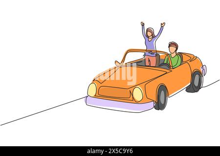 Simple ligne continue dessinant une voiture de conduite de couple heureux allant sur la route voyage. Romantique homme et femme conduisant dans une voiture cabriolet. Couple vacances d'été tra Illustration de Vecteur