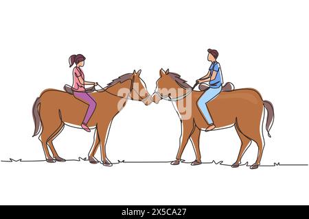 Ligne continue unique dessinant couple romantique dans l'amour cheval d'équitation. Jeune homme et femme se rencontrent pour sortir avec cheval de cheval. Engagement et relation amoureuse Illustration de Vecteur