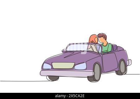 Continue d'une ligne dessinant romantique couple arabe voiture d'équitation aller sur la route voyage. Homme et femme joyeux conduisant dans une voiture cabriolet. Couple vacances d'été Illustration de Vecteur