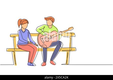 Ligne continue unique dessinant les gens assis sur le banc en bois dans le parc. Couple à la date, homme jouant de la musique à la guitare, fille écouter et chanter ensemble. Illustration de Vecteur