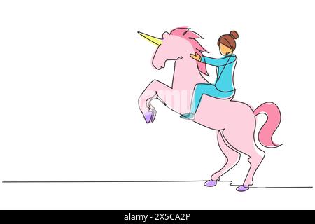 Simple une ligne dessinant femme d'affaires chevauchant licorne symbole de succès. Concept de démarrage d'entreprise, en regardant l'objectif, la réalisation, le leadership. Contin Illustration de Vecteur
