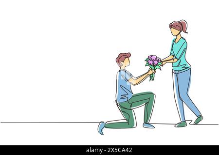 Simple une ligne dessinant homme sur genou faisant la proposition de mariage à la femme avec bouquet. Garçon amoureux donnant des fleurs. Heureux couple se préparant pour le mariage Illustration de Vecteur