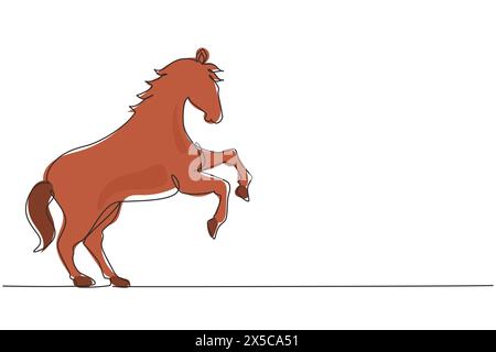 Une seule ligne dessinant fier cheval blanc marche gracieusement avec son sabot avant en avant. Mustang galops sauvage dans la nature libre. Mascotte animale forte. Mod Illustration de Vecteur